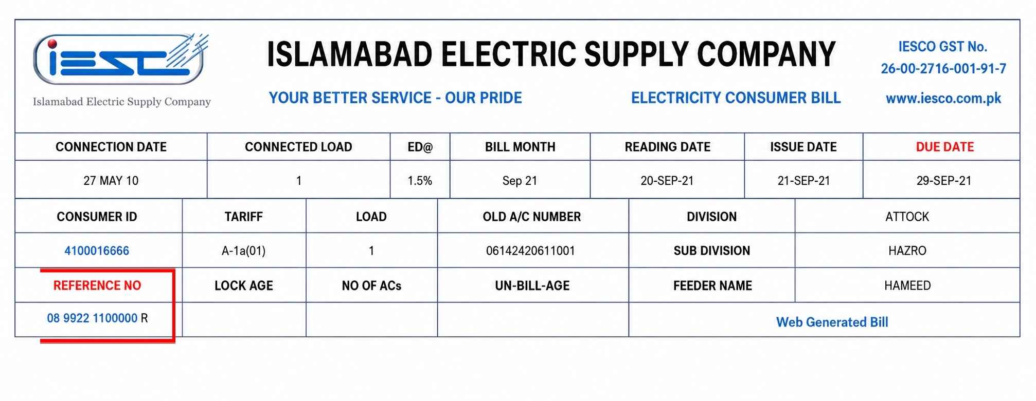Sample IESCO electricity bill with the Reference Number and Consumer ID location highlighted in red at the top-left corner