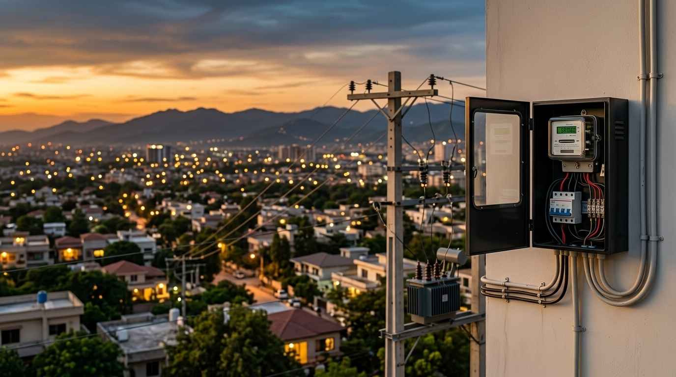 Electricity meter and Islamabad evening skyline representing IESCO peak hours