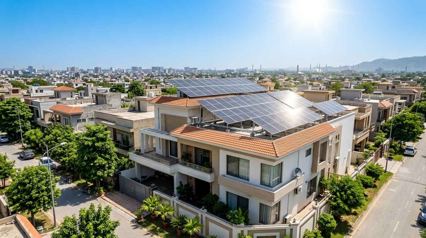 Solar panels on a rooftop showing net metering for IESCO peak hours users