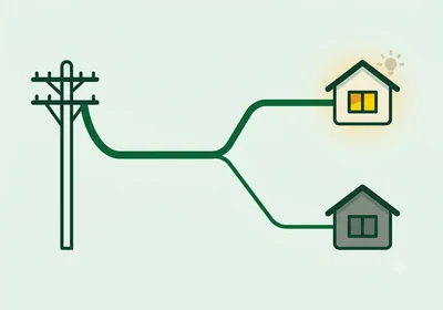 Diagram showing one power line from a utility pole branching to two houses, with one house lit and the other dark, illustrating how two houses can be on different feeders