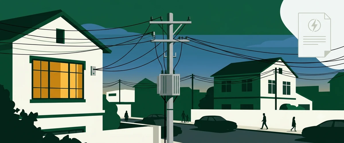 Illustration of a residential street at dusk with one house lit and another dark during IESCO load shedding, with a power suspension notice icon